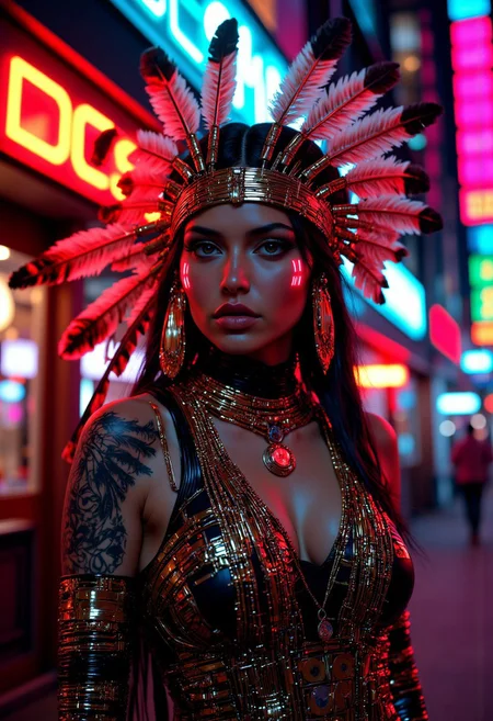 mythp0rt, A beautiful Native American woman with cyberpunk neon lights on her face, a metallic feathered headdress with neon lights, is wearing futuristic tribal cyberpunk dress with neon lights. She is standing outside a native american sci-fi cyberpunk bar.