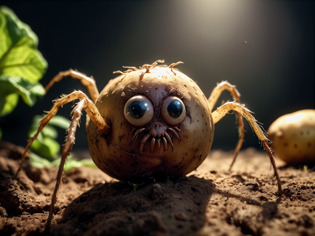 potato-spider-hybrid creature in natural habitat,  made of potato BREAK leaves sprouting from potato-body, subsurface scattering, highly detailed potato texture structure, analog style,  film photography, soft lighting, heavy shadow, 16k HDRI, soft focus, lots of detail, cinematic gauzy lighting