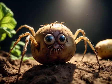 potato-spider-hybrid creature in natural habitat, made of potato BREAK leaves sprouting from potato-body, subsurface scattering, highly detailed potato texture structure, analog style, film photography, soft lighting, heavy shadow, 16k HDRI, soft focus, lots of detail, cinematic gauzy lighting