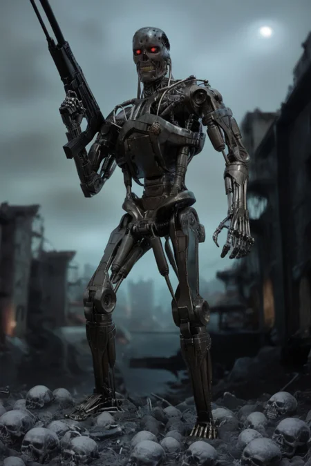 T800_Endo, Terminator robot, score_9, score_8_up, score_7_up, (source_IRL, source_movie), cinematic, realistic, masterpiece, high quality, highres RAW photo, ((full body shot))
a T800_Endo Terminator Robot with red eyes, he is made of metal, <lora:T800_Endo_Terminator_Pony_v1:1>
(standing, holding a futuristic gun)
in a destroyed apocalyptic city, with skulls covering the ground, dark cloudy skies, Apocalyptic Landscape, destroyed city
dynamic lighting, highly detailed, intricate details, shadows, dark, at night