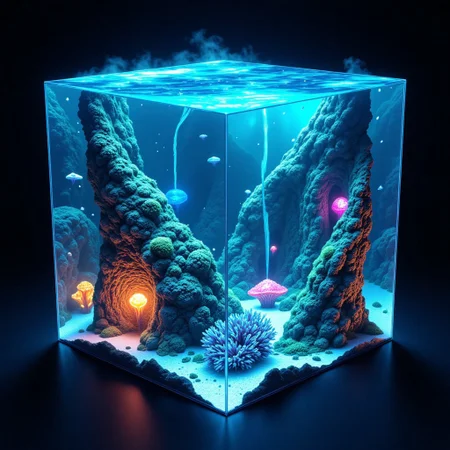 M1CR0CUB3D, aidmafluxpro1.1, A submerged cubed reef teeming with alien corals, luminous jelly structures, and translucent kelp. Above, glowing reef structures sway in the current. Below, pressure collectors pulse while geothermal vents light the cavern in electric turquoise. Lighting: underwater caustics, layered blues, soft blur at edges. Style: ethereal marine fantasy, ultradetailed.
