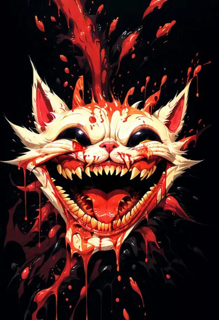 illustration, flat illustration,
The moody cinematic shot, (extensive establishing shot),
(full body), 
kitten, smiling maliciously, a huge hypertrophied mouth with huge predatory teeth, a predatory evil grin, blood dripping from the bloody mouth,
(half its head has been bitten off, the brain is visible, blood is gushing from the wound,
one eye fall out of its socket and is hanging on a vessel, intestines spill out of the cut belly all over the floor, blood flow like a river, all fur in blood:1,5), 
predatory evil grin, huge predatory teeth,
it is standing on its hind legs, its front legs are in the pose of a scratching cat with its claws extended, 
looking at viewer with a great desire to grab with teeth, tear and eat,
entrails covered in blood, pools of blood, blood dripping from the ceiling, walls covered in blood,
dark tones, bright contrasting colors,
against the backdrop of a city with blood-spattered walls,
predominant red and gray and brown color, hyper-detailed, hyper-realism, sharp shot, cinematic, background action-packed boom,