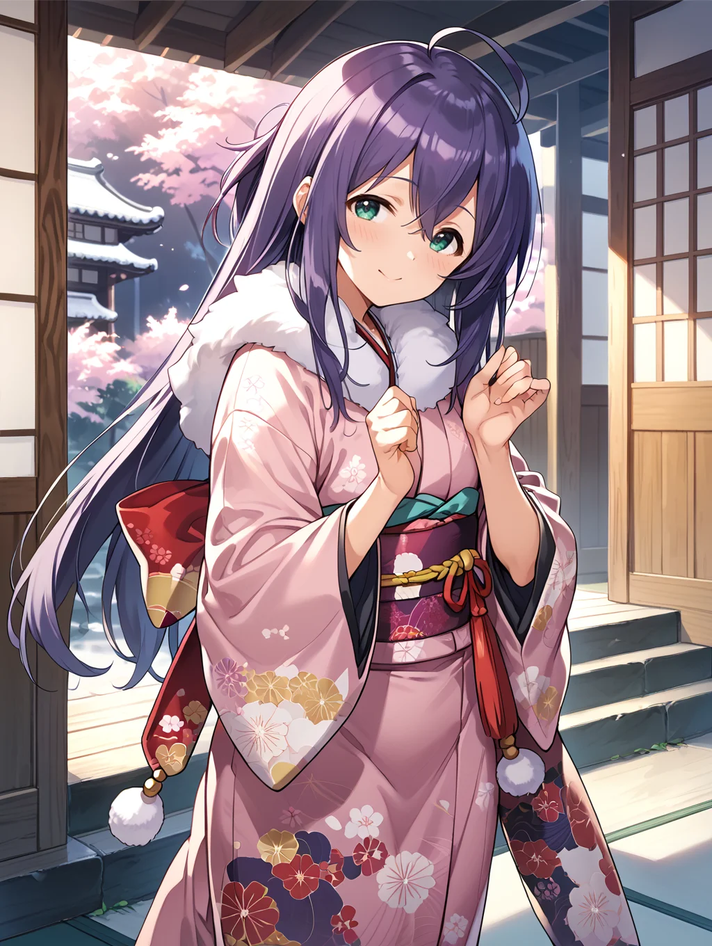 score_9,score_8_up,score_7_up,
official art,official style,game cg,megami magazine,
uncensored,
1girl,solo,
mochizuki anna,purple hair,green eyes,ahoge,long hair,
japanese clothes,obi,obijime,obiage,kimono,fur-trimmed kimono,fur trim,wide sleeves,
<lora:idolmaster_mochizuki_anna_pony_v1.1-000006:1>,