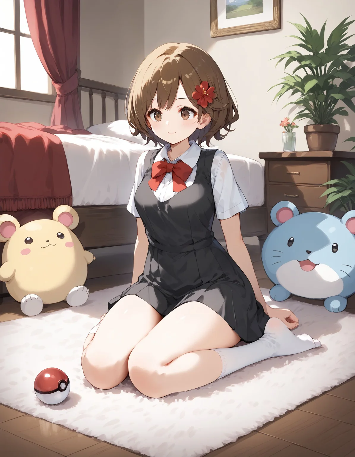score_9, score_8_up, score_7_up, score_6_up, BREAK source_anime, best quality, masterpiece
1girl,<lora:lass hgssPonyXL:0.8>,lass hgss,brown eyes,flower hair ornament,bowtie,black pinafore dress,white shirt,socks,full body,sitting,on carpet,smile,bedroom,poke ball,no shoes,