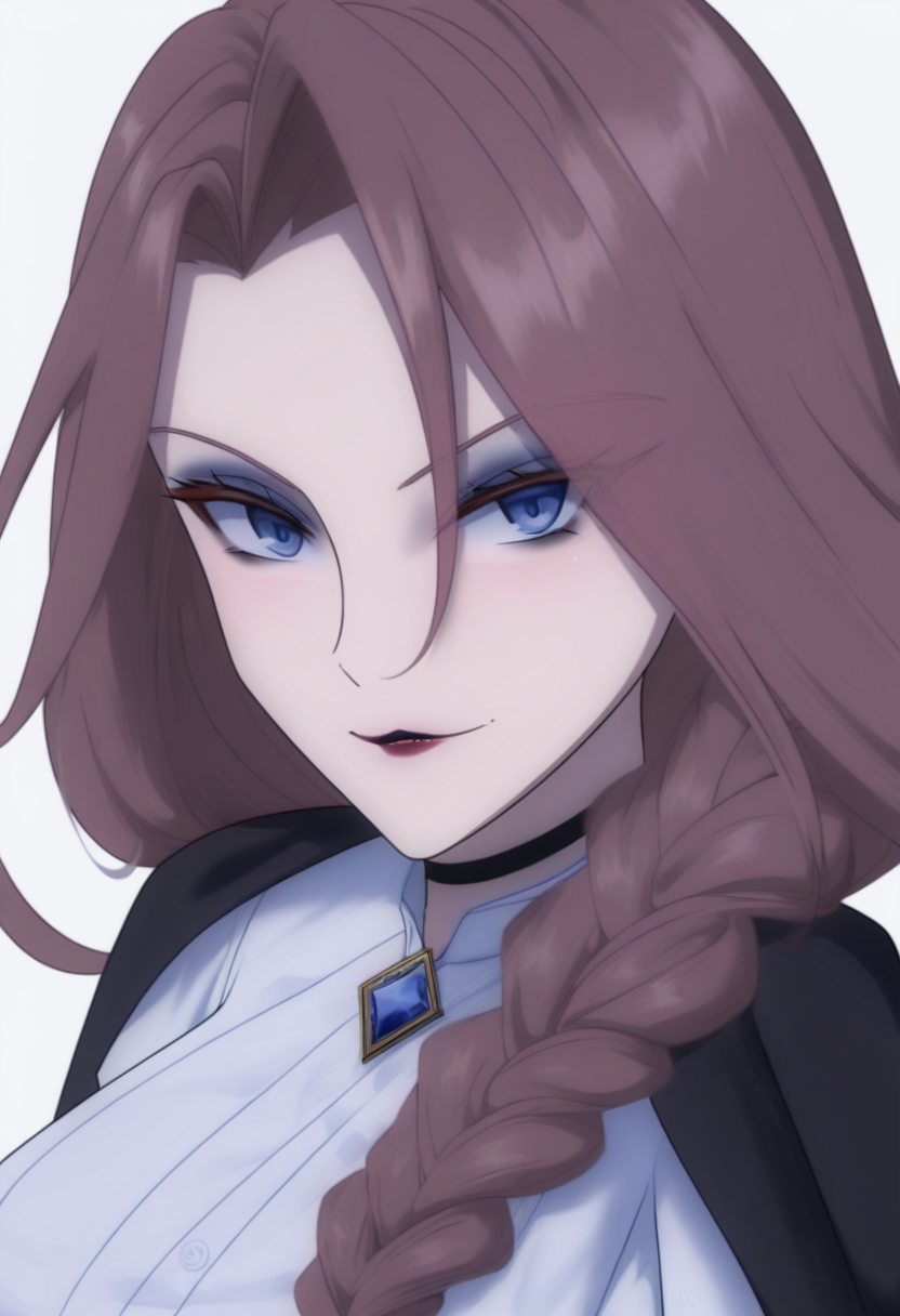 crucabena, fierce, long hair, blue eyes, brown hair, braid, gloves, lipstick, black cape, makeup, white shirt, white background, solid background, plain background, facing viewer, looking at the viewer, upper body, medium shot, simple background, <lora:Character_Crucabena - Fierce:1>