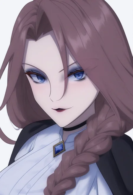 crucabena, fierce, long hair, blue eyes, brown hair, braid, gloves, lipstick, black cape, makeup, white shirt, white background, solid background, plain background, facing viewer, looking at the viewer, upper body, medium shot, simple background, <lora:Character_Crucabena - Fierce:1>