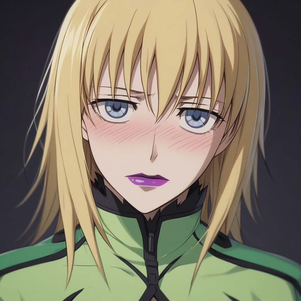 score_9, score_8_up, score_7_up, source_anime, expressive, anime, Artist speedlines, dynamic, D4RK3RTH4NBL4CK, DTB_Style, 1woman, (brita_(darker_than_black):1.2), long_hair, blonde_hair, blue eyes, purple_lips, naked_jacket ,looking at viewer, facing viewer, revealing clothes, convenient_censoring, bare_legs, high_heels, blush, blushing, embarrassed, dark background, Artist style:komori_takahiro