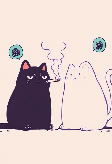 masterpiece, best quality, amazing quality, very aesthetic, absurdres, newest
Flatline, Flat vector illustration
a cat, no humans
smoking cigarette, holding cigarette, arm rest, bored, grumpy, spoken squiggle
blurry foreground
glitch effects
wtfisthis, vdsur, surreal <lora:spo_sdxl_10ep_4k-data_lora_webui:0.8> <lora:reij-detaILer_v2:0.4> <lora:Wtf-is-this-LoRA:0.8> <lora:Flatline_vector_illustration_v1.0:1> <lora:Vonderful_Psychasurreal:0.8>