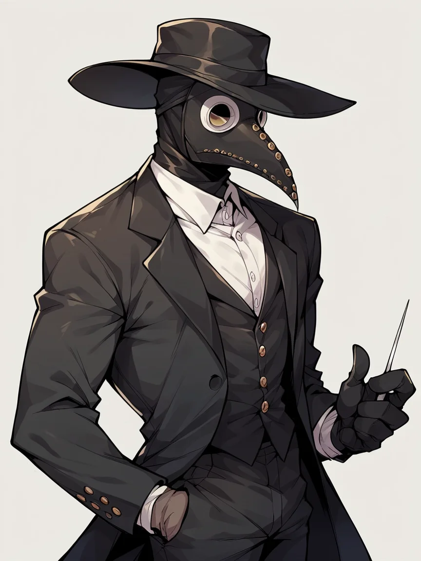 score_9, score_8_up, score_7_up, score_6_up, score_5_up, <lora:PlagueDoctorXLP:1> plague doctor, mask, hat, solo, gloves,suit, 1boy