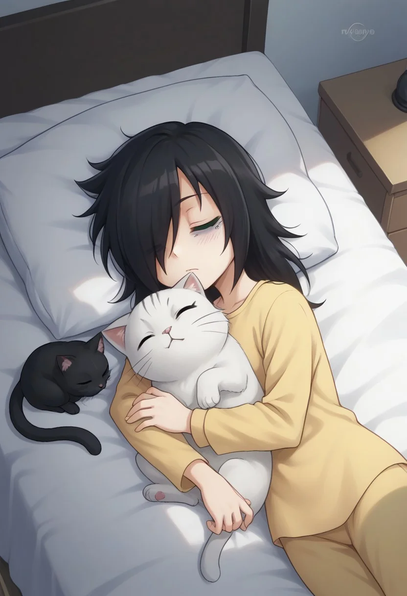 score_9, score_8_up, score_7_up, source_anime, highly detailed,
tomoko, 1girl, black hair, bags under eyes, hair over one eye, green eyes, pajamas, indoors, bedroom, bed, in bed, blanked, under blanked, eyes closed, cat, cuddling with cat, on back, sleeping,