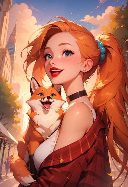 score_9, score_8_up, score_7_up, masterpiece, zPDXL2, p3tl0v3, 1girl, 20 years old, slender, petite, smooth pale skin, large eyes, soft lips, graceful posture, long ginger hair, ponytail, straight hair, asymmetrical bangs, dark red lipstick, open mouth, happy, smile, smokey eyes, red plaid cotton shirt, open shirt, white tank top, choker, teal eyes, looking at viewer, fox, hugging fox, holding fox, central park, city park, upper body <lora:princess_xl_v2:0.7> <lora:Smooth Anime 2 Style SDXL_LoRA_Pony Diffusion V6 XL:0.7> <lora:Expressive_H:0.7> <lora:D4rC0mXLP:0.5> <lora:p3tl0v3XLP:1> <lora:add-detail-xl:0.5>