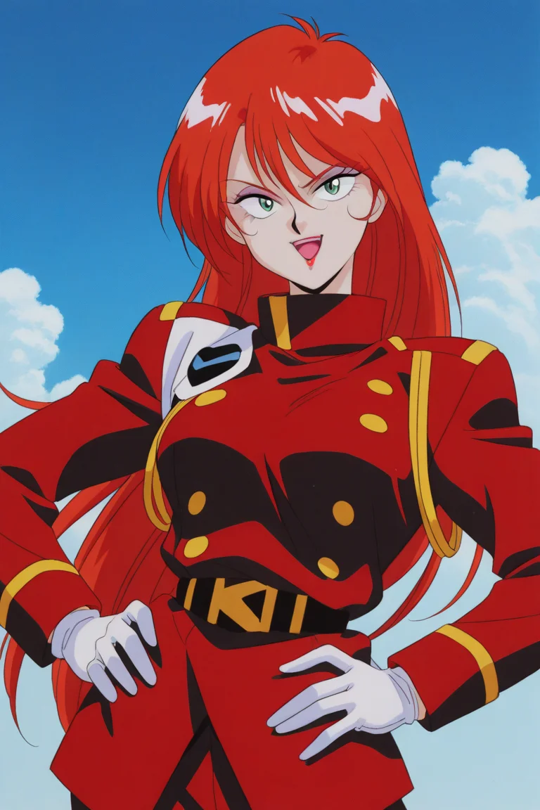 masterpiece, best quality, source_anime,official art,perfect_anatomy,1990s_\(style\),retro_artstyle,1girl,Grandis_Granva,red_hair,long hair,makeup,green eyes,lipstick,uniform,military uniform,white gloves,(beautiful detailed face,looking_at_viewer,smile,open_mouth),hands_on_hip,cowboy_shot,open_stance,day,blue_sky,cloud
