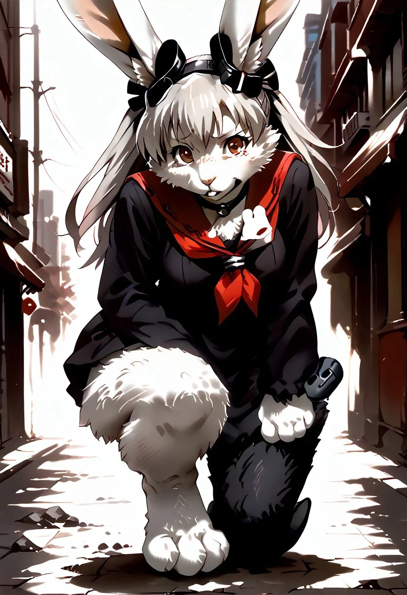 (femrl3p0vb0dy,female_pov_body,female pov body,), score_9, score_8_up, score_7_up, BREAK source_anime, 1girl, solo, outdoors, street, cherry blossoms, cowboy shot, standing, looking at viewer, shiny skin, amatsukaze, brown eyes, grey hair, long hair, two side up, twintails, hair ornament, hair tubes, black tiny cap, choker, black dress, sailor dress, white serafuku, long sleeves, striped thighhighs, garter straps, single glove, white glove, red footwear, close-up, rabbit transformation, wide hips, digitigrade, rabbit nose, rabbit ears, rabbit teeth, rabbit legs, rabbit hands, rabbit feet, uiinaba, rabbit_form, 1girl, animal ears, white fur, animal hands, rabbit tail, huge breasts, breast expansion, hip expansion, ass expansion, thigh expansion, bottom heavy
