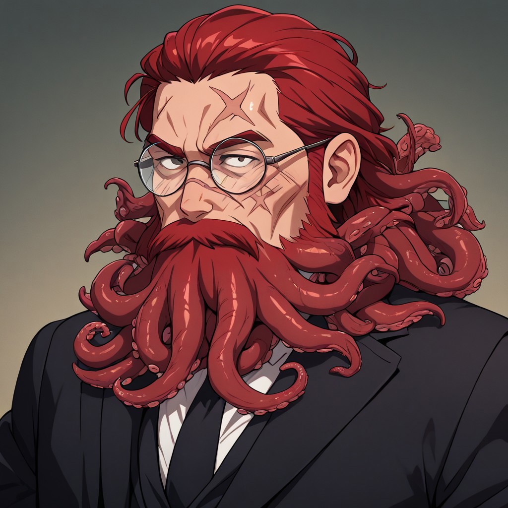 masterpiece, best quality, newest, absurdres, highres, anime, anime style, 1boy, glasses, red hair, suit, round glasses, beard, facial hair, mustache, scar, scars on face, TB-V1.0, Tentacle beard,