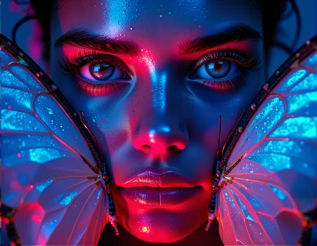 . An artistic extreme close-up of a womanâs face, framed by delicate butterfly wings, with neon paint splatters on her skin, and vibrant, otherworldly light illuminating the scene., <lora:bv-close-up-enhancer.safetensors:1.0:1.0>