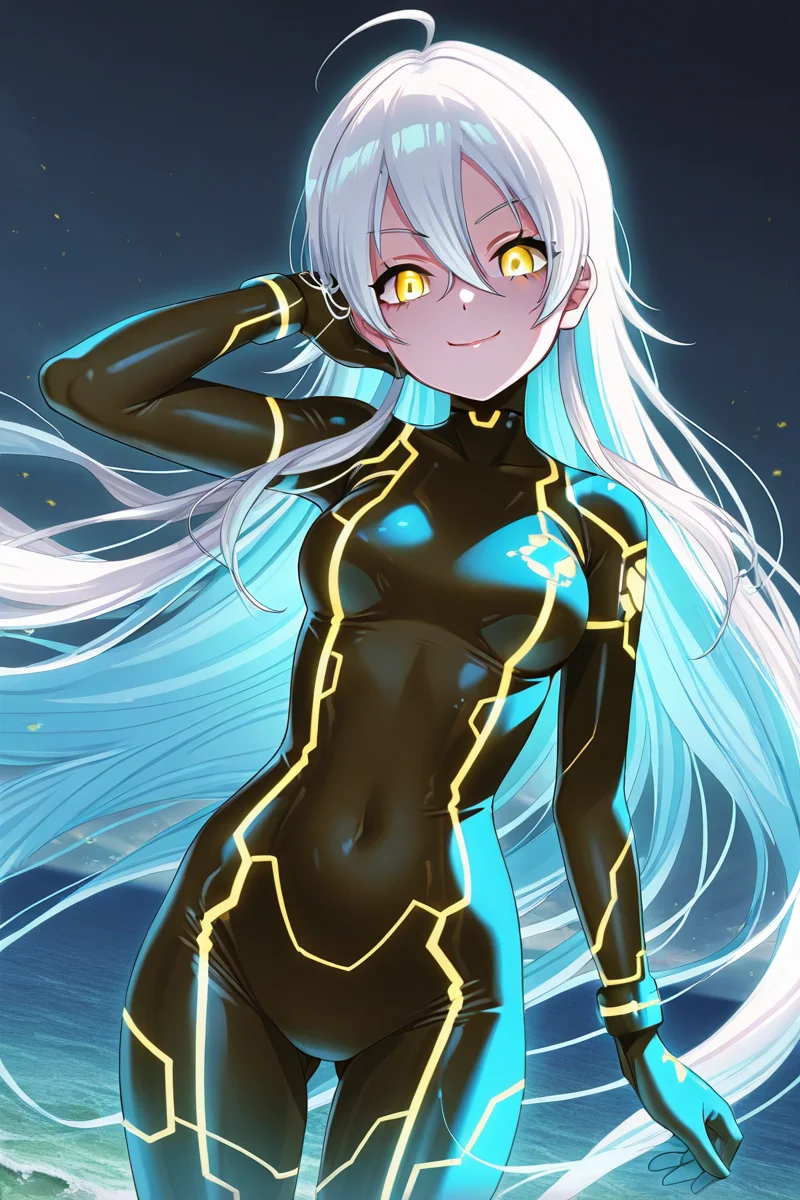 masterpiece, best quality, amazing quality,
<lora:Lumina_IL:1> lumina, 1girl, long hair, solo, yellow eyes, neon trim, bodysuit, zero suit, dark persona, smile, very long hair, looking at viewer, ahoge, black bodysuit, ocean, blue hair, glowing, hair between eyes, white hair, covered navel, pumina