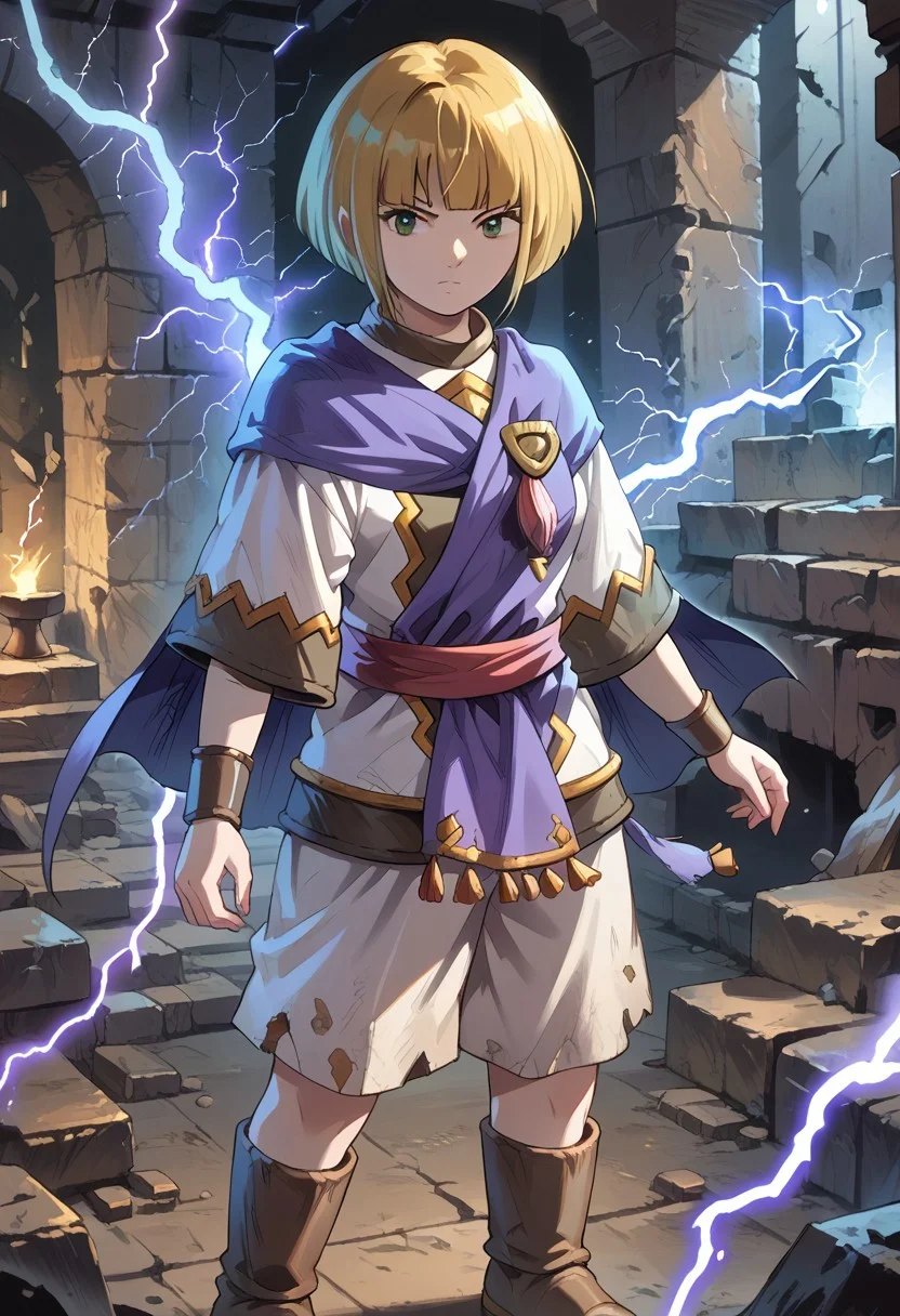 score_8, score_8_up, score_7_up, source_anime, anime screenshot, 1girl, female focus, solo, Sheba_GS, blonde hair, bob cut, blunt bangs, side locks, short hair with long locks, green eyes, cape, brooch, tunic, short sleeves, sash, bracer, white shorts, shorts, knee boots, brown footwear, full body, standing, Ligmagmb, electricity, lightning, glowing, indoors, ancient ruins, underground, stone wall, dark, dynamic lighting,