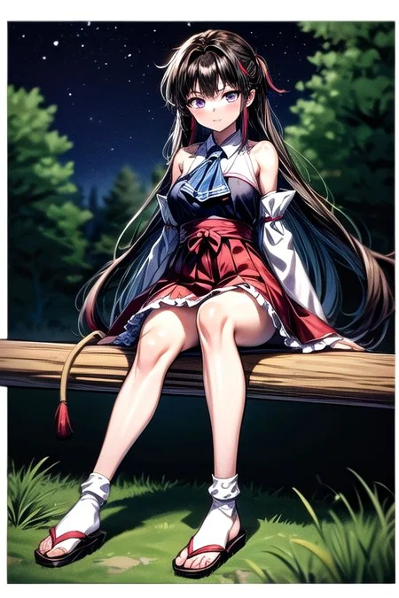 masterpiece, best quality 1girl Setsun4 solo long hair, (night time) forest background black hair very long hair purple eyes multicolored hair armor (fur trim) (medium body),<lora:EMS-179-EMS:0.800000>,<lora:EMS-293862-EMS:0.800000>ascot, bare shoulders, black footwear, detached sleeves, embellished costume, frills, japanese clothes, nontraditional miko, red skirt, sandals, sarashi, skirt, socks, armor, miko