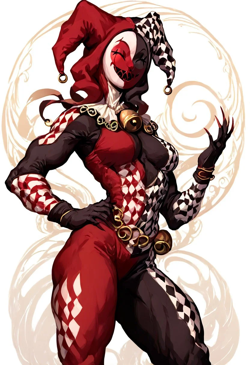 female , solo , OswaldLOR, ((2 arms)), OswaldNormal, jester, jester cap, mask, clown, solo, gloves, hat, white background, full body, hand on hip, bell, bodysuit, mask, jester cap ,
(red and white circle background) ,
score_9 , score_8 , score_7 , score_6_up , highly detailed , high quality , high res , Noveau ,Art Noveau ,