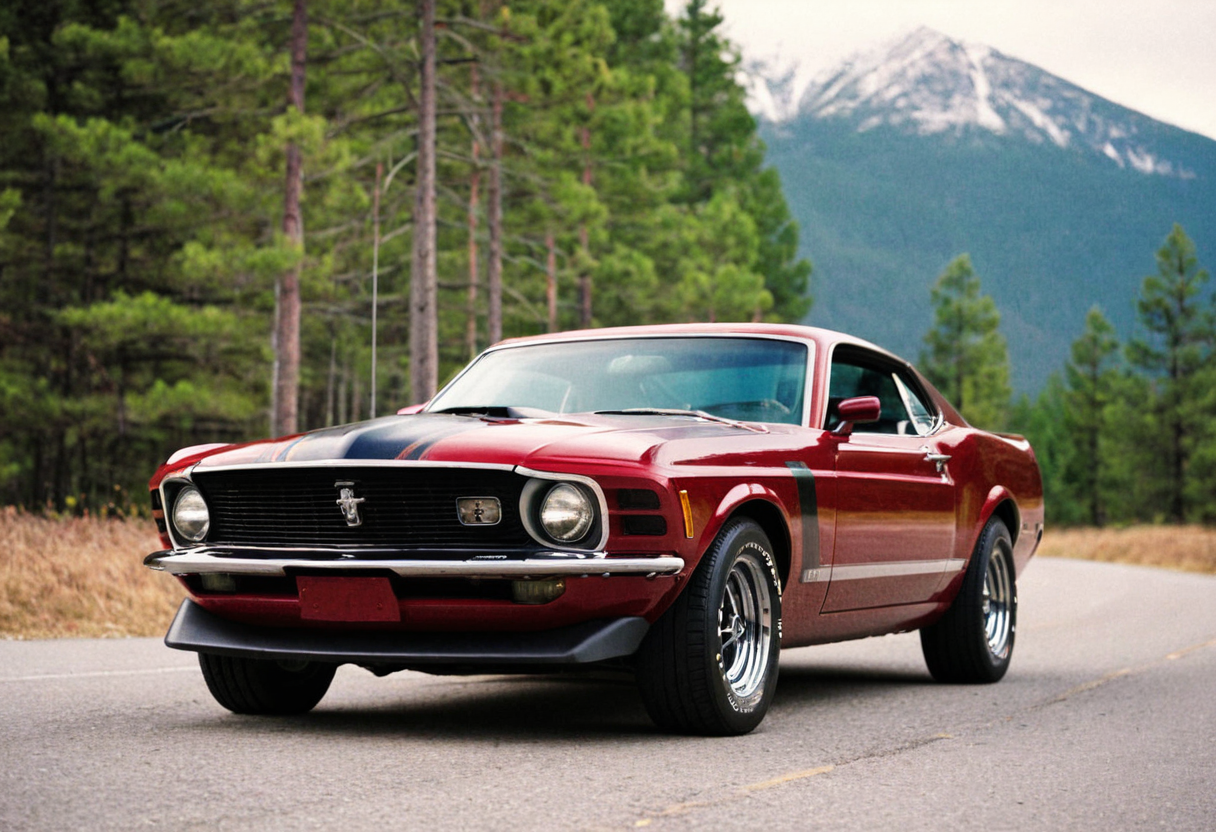 VintageMuscleCar, Ford Mustang, front side view, road, pine trees, mountain landscape, outdoors, 4K, highly detailed, (stylish grainy analog 35mm film photo)