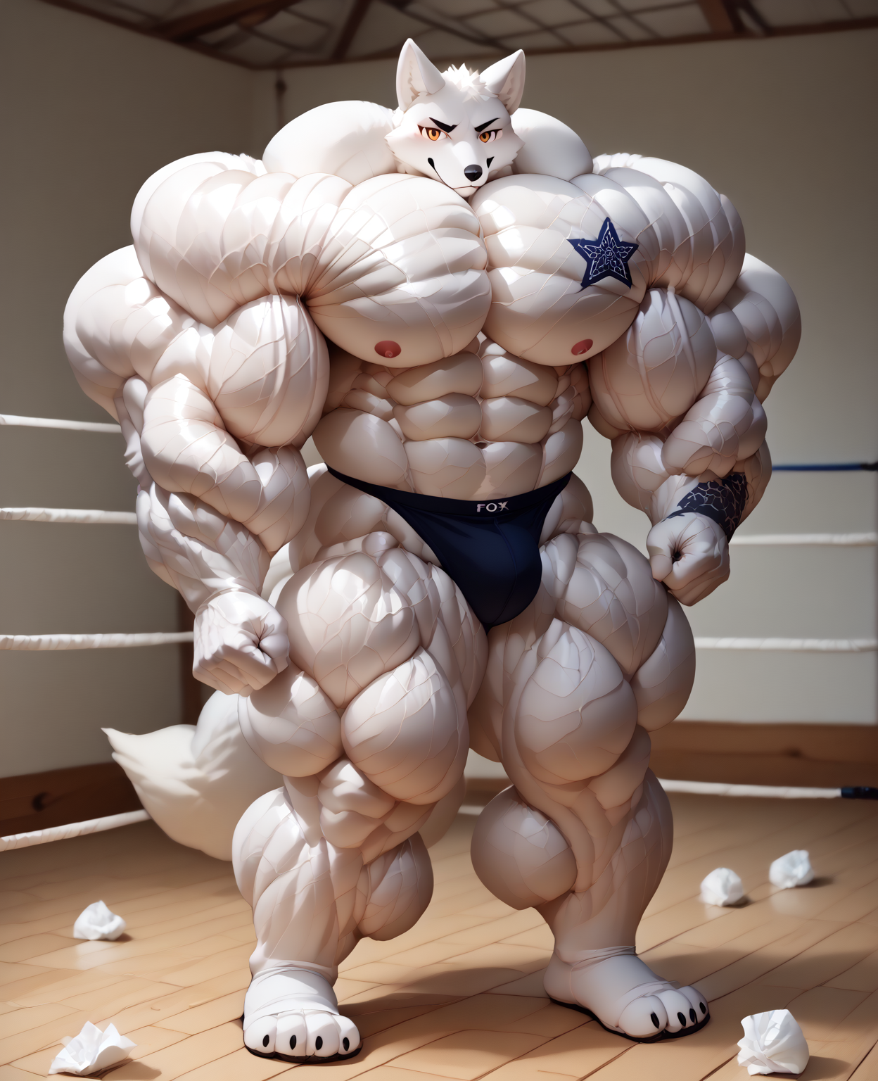score_9, score_8_up, score_7_up, score_6_up, score_5_up, score_4_up, China Furry, China Fursuit, fursuit muscles, White Foxes Verys full Muscles break limit, White Foxes Strengthen Muscles break limit, White Foxes Body Very Lots of muscle tissue, Super Muscles break limit Foxes Verys Pumping, White Foxes bodybuilding show out of all Muscles break limit, hyper Muscles break limit buff, hyper Muscular break limit, fursuit Muscles break limit, eight-pack abs, Full body Muscles break limit are verys bulge, Full body Muscles break limit bulge verys super gigantic, anime, furry male, solo, Kemono, West Studio, (project:1.3), white fox, white fur, white skin, white ears, Foxes tail, gold eyes, star-shaped_pupils, black tattoo left only, [white scarf], Upper Body Naked, (black midriff:1.3), thong, looking_at_viewer, fighting_stance, full shot.