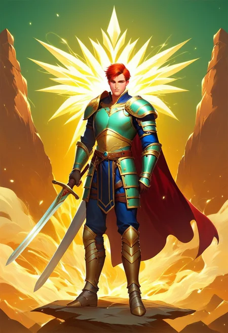 score_9, score_8_up, score_7_up, full body portrait,
BREAK. handsome man, he is dressed in a suit of dark iron platemail.
Break.
he is holding up a white coloured sword. Properly holding the sword by the hilt.
, short red hair, masculin, medium build body,
his armour bears a crest of a green dove.
fantasy armour. stylized silver dove emblems and symbols on armour and sheild.
Break.
epic background is a a beautiful palace. a strong wind is blowing his cape.