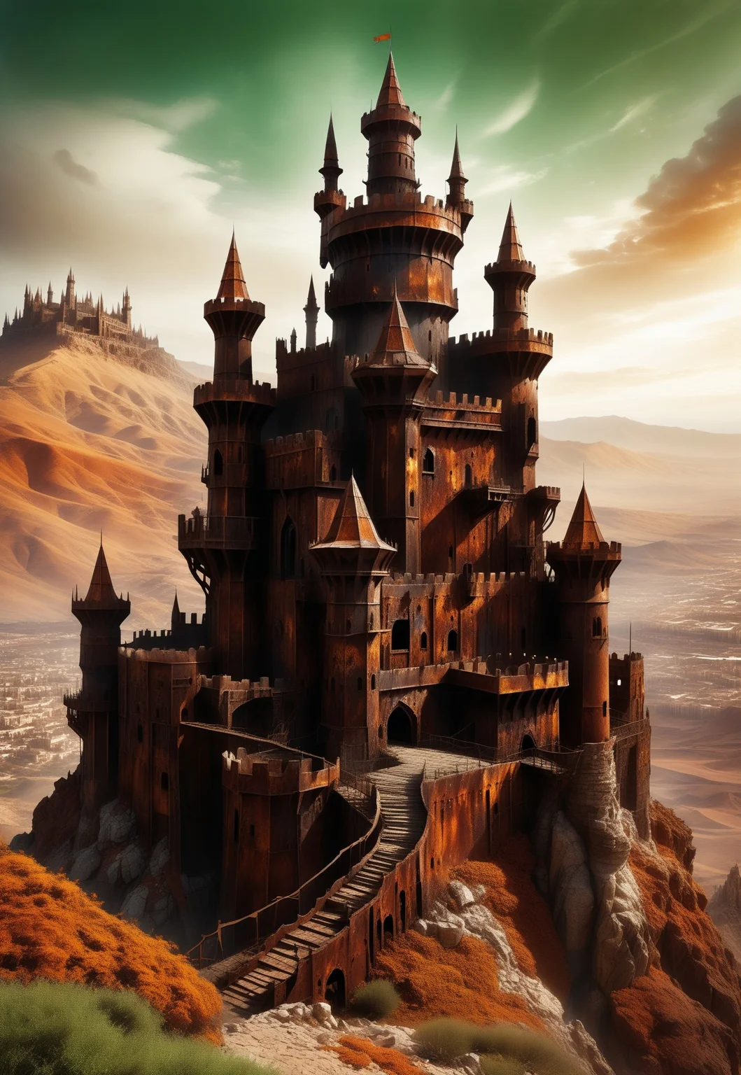 masterpiece, extremely detailed, sharp outlines, high contrast, extreme details, amazing artwork of the Rust Castle of the Lisan Al Gahib, epic rusted steel super-structure, fantasy castle of rusted iron perched atop lush green hill surrounded by gardens, great color contrast, exceptional detail and clarity
