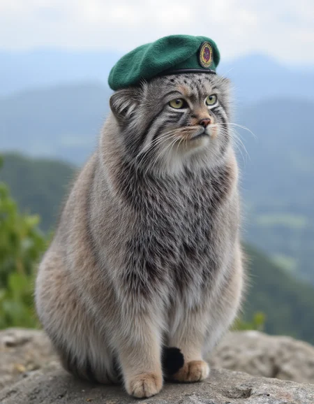 a pallas cat sitting on a mountainous hill, wearing a dark green beret with an insignia on it<lora:Outfit_morse-ModernBritRMCUniform-FLUX:0.8> <lora:Animal_soph-PallasCat-FLUX:1>