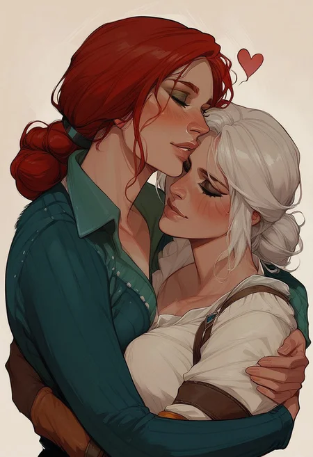 score_9, score_8_up, score_7_up, western cartoon, 2girls, triss merigold, ciri, upper body, hearts, hug, platonic,