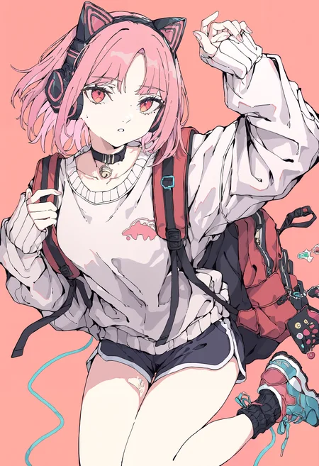 masterpiece, absurdres, newest, very awa, 1girl, solo, solo focus, white sweater, sleeves past wrists, pink hair, short hair, parted bangs, dolphin shorts, cat ear headphones, backpack, floating, red background, simple background, <lora:ponyv4_noob1_2_adamW-000017>, <lora:spo_sdxl_10ep_4k-data_lora_webui>,