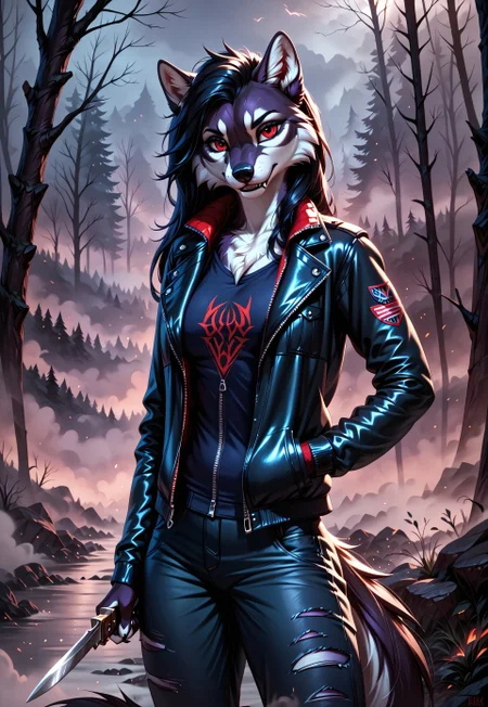score_9, score_8_up, score_7_up, score_6_up, photorealistic, epiCPhotoGasm-colorfulPhoto, Realistic, highres, super high resolution, 8k, photo, furry, Furry, anthro, fur, female, furry, A brutal wolf, a wolf, in a black torn jacket, with a knife in his hand, long black hair, an evil face, in a half-crouch, red eyes, black loose pants, black forest, fog, fog, fog, nothing visible, dark, very detailed, detailed fur, realistic, realistic, detailed, detailed fur, furry, anthro