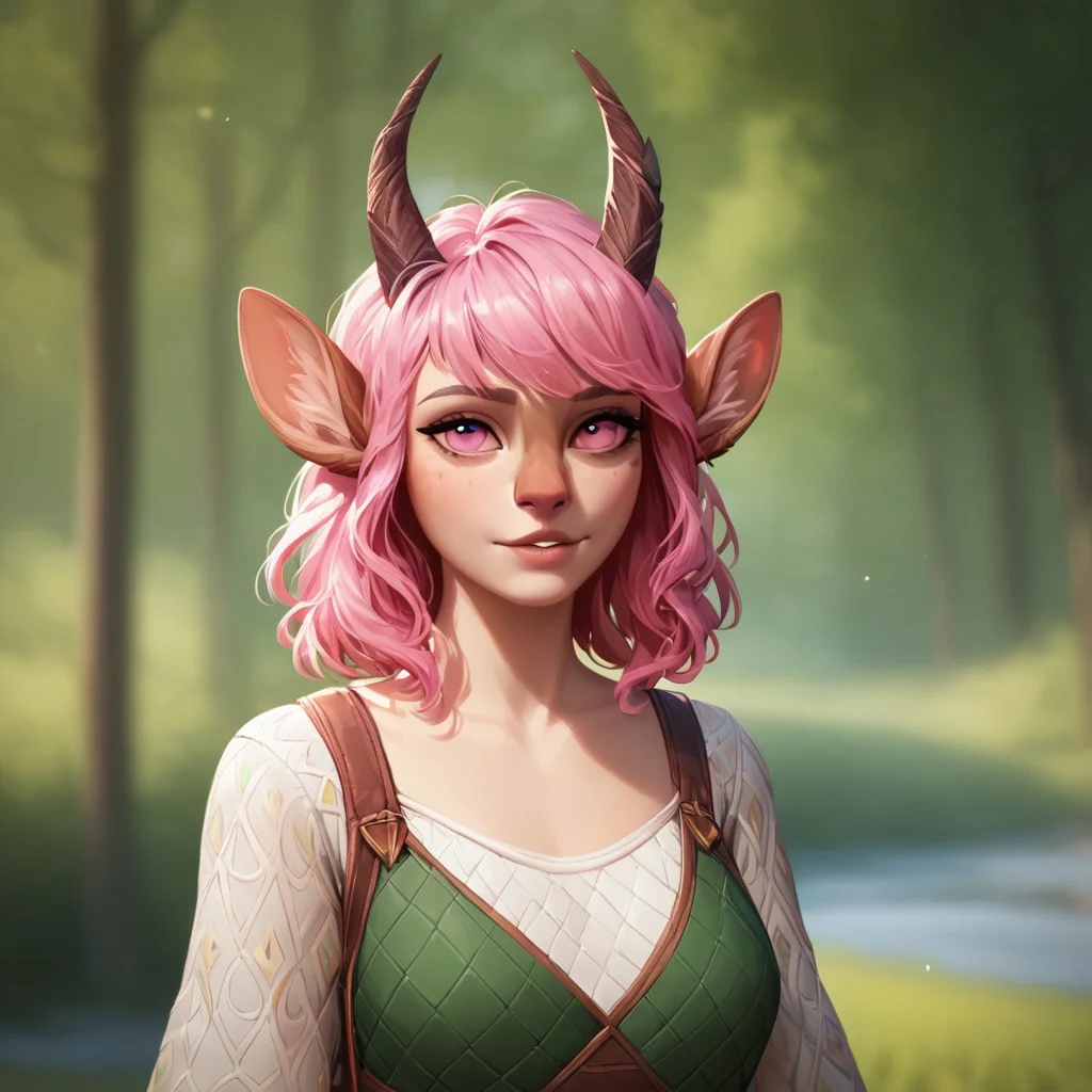 (((detailed, beautiful, high quality))), upper Body, score_9, score_8_up, score_7_up,
satyr, faun, horns, animal ears, deer horns, 1girl, pink hair, pink eyes, green medieval top, fingerless gloves,
looking at the viewer, posing, blurred background, blurred fantasy background,