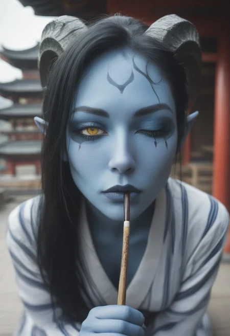 score_9, score_8_up,score_7_up, high-contrast, cel shading, solo, pov,
(pagoda,),
(cybelesmt, colored skin, blue skin, black hair, long hair, horns, pointy ears, yellow eyes,,),
(sultry, blush, 1 eye closed),
(geisha, geisha makeup),
((open yukata,))
(,incoming pocky kiss, looking up, kneeling),