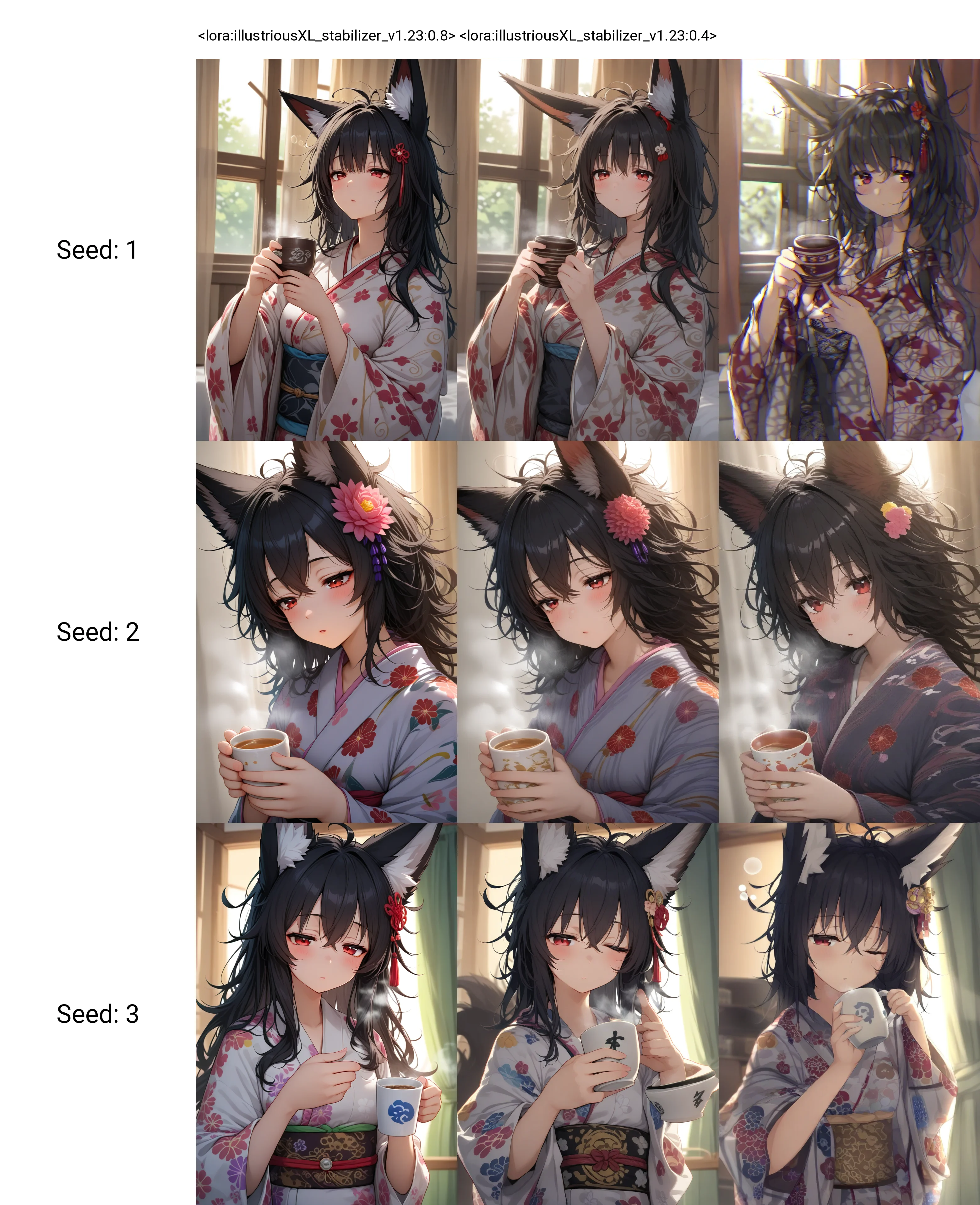 <lora:illustriousXL_stabilizer_v1.23:0.8>1girl,fox girl,fox ears,red eyes,black hair,hair ornament,holding cup,steam,upper body,indoors,messy hair,sleepy,sunlight,curtains,print kimono,masterpiece,best quality,