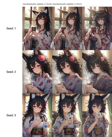 <lora:illustriousXL_stabilizer_v1.23:0.8>1girl,fox girl,fox ears,red eyes,black hair,hair ornament,holding cup,steam,upper body,indoors,messy hair,sleepy,sunlight,curtains,print kimono,masterpiece,best quality,