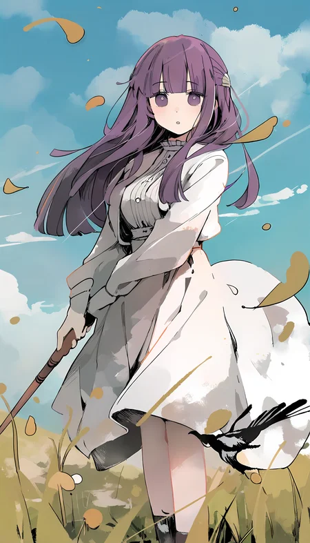 flat color, a girl named fern from sousou no freiren series, holding a huge magic wand, standing on the lawn, wind, day, amazing quality, very beautiful color, by iamuu, aesthetic, birds, beautiful scenery