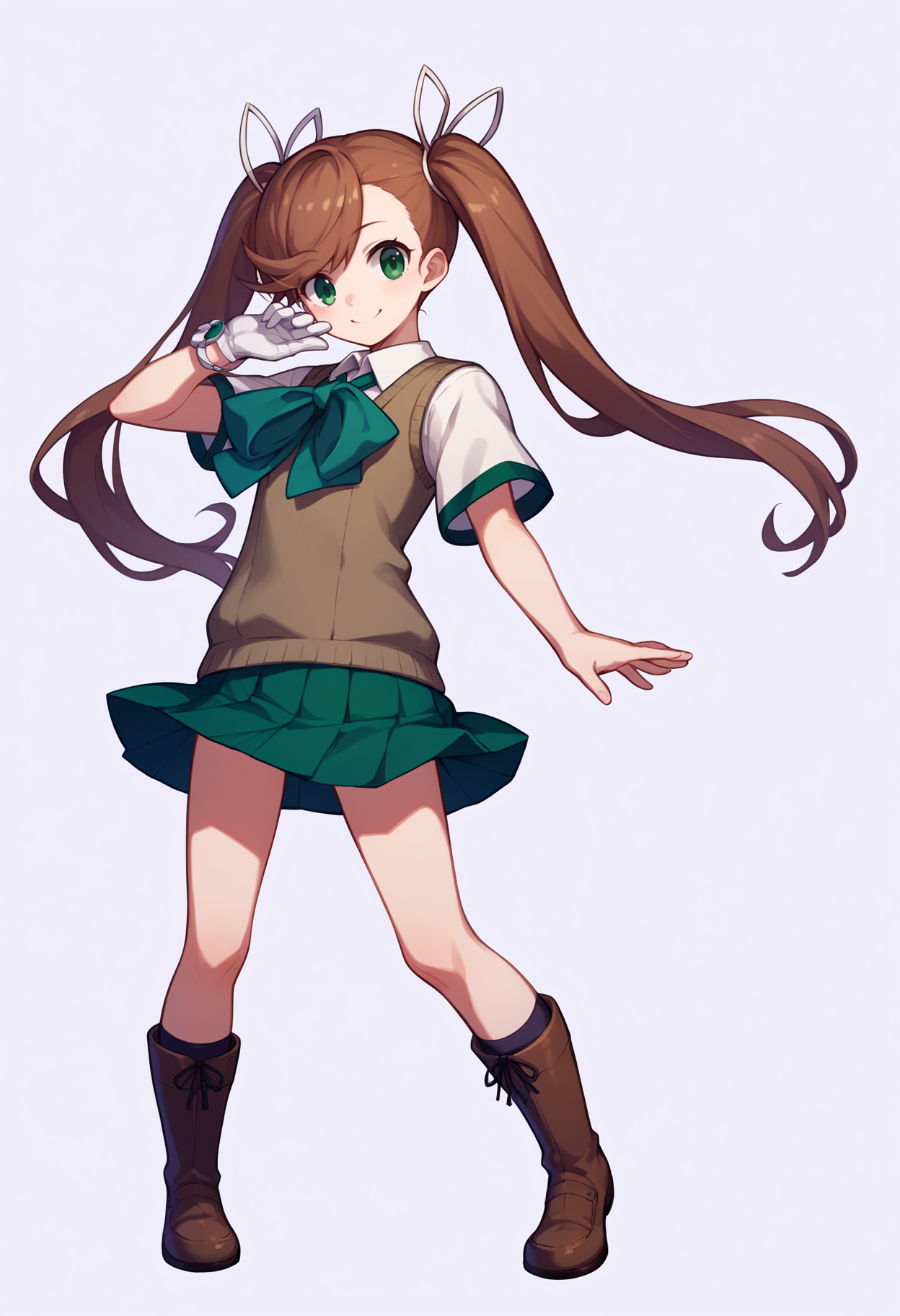 score_9, score_8_up, score_7_up, score_6_up, score_5_up, score_4_up, BREAK, source_anime,
1girl, nanase, brown hair, twintails, hair ribbon, long hair, green eyes,
bow, green pleated skirt, school uniform, sweater vest, single white glove, white shirt, brown boots,
standing, contrapposto, full body, smile, looking at viewer, solo, simple background, white background    <lora:NanaseXL:1>