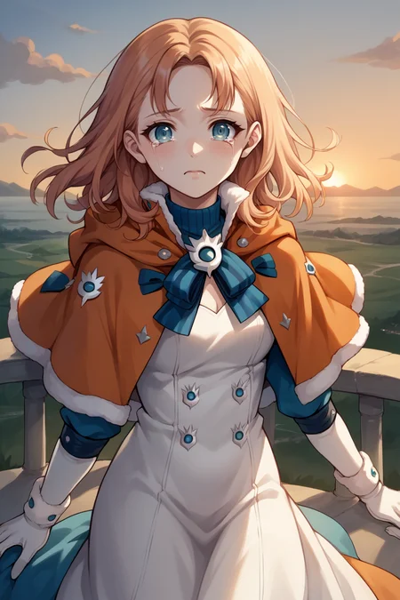 score_9, score_8_up, score_7_up, score_6_up, source_anime, BREAK 1girl, <lora:annette-pdxl-nvwls-v1-000005:1> warAnne, long hair, wavy hair, orange capelet, fur trim, blue ribbon, white dress, long dress, white gloves, sunset, cliffs, looking at you, wind, tears in eyes