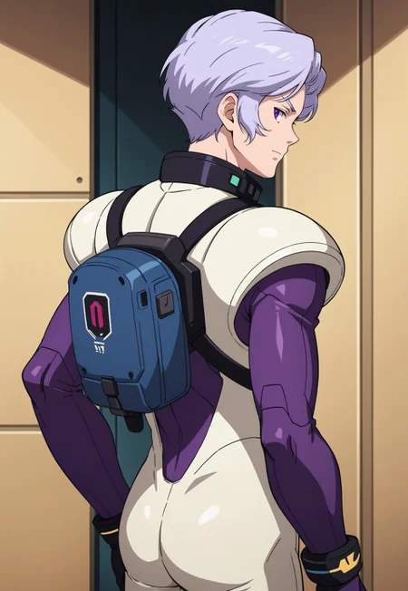 score_9, score_8_up, score_7_up, source_anime, rear view, BREAK, ( angelo_sauper, purple eyes, gray hair, best eyes, pilot suit, backpack, ) 1boy, male focus, solo, BREAK, hangar,