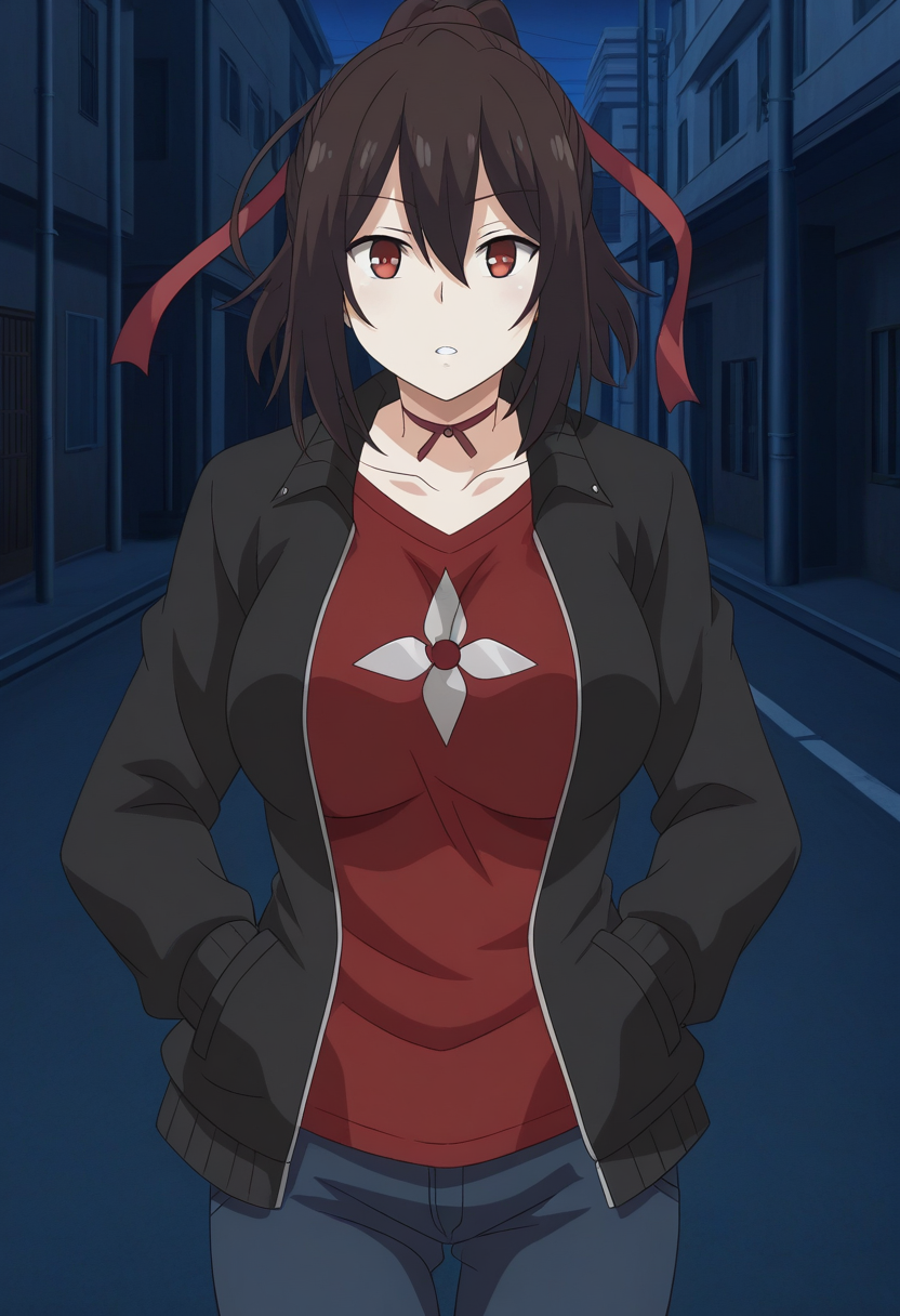 1girl, solo, kunobotananm, brown hair, hair ribbon, ponytail, red eyes, large breasts, black jacket, open jacket, long sleeves, red shirt, shuriken shirt print, denim pants, modern clothing, outdoors, city, streets, walking, cowboy shot, parted lips, straight on, looking at viewer, hands on pockets,