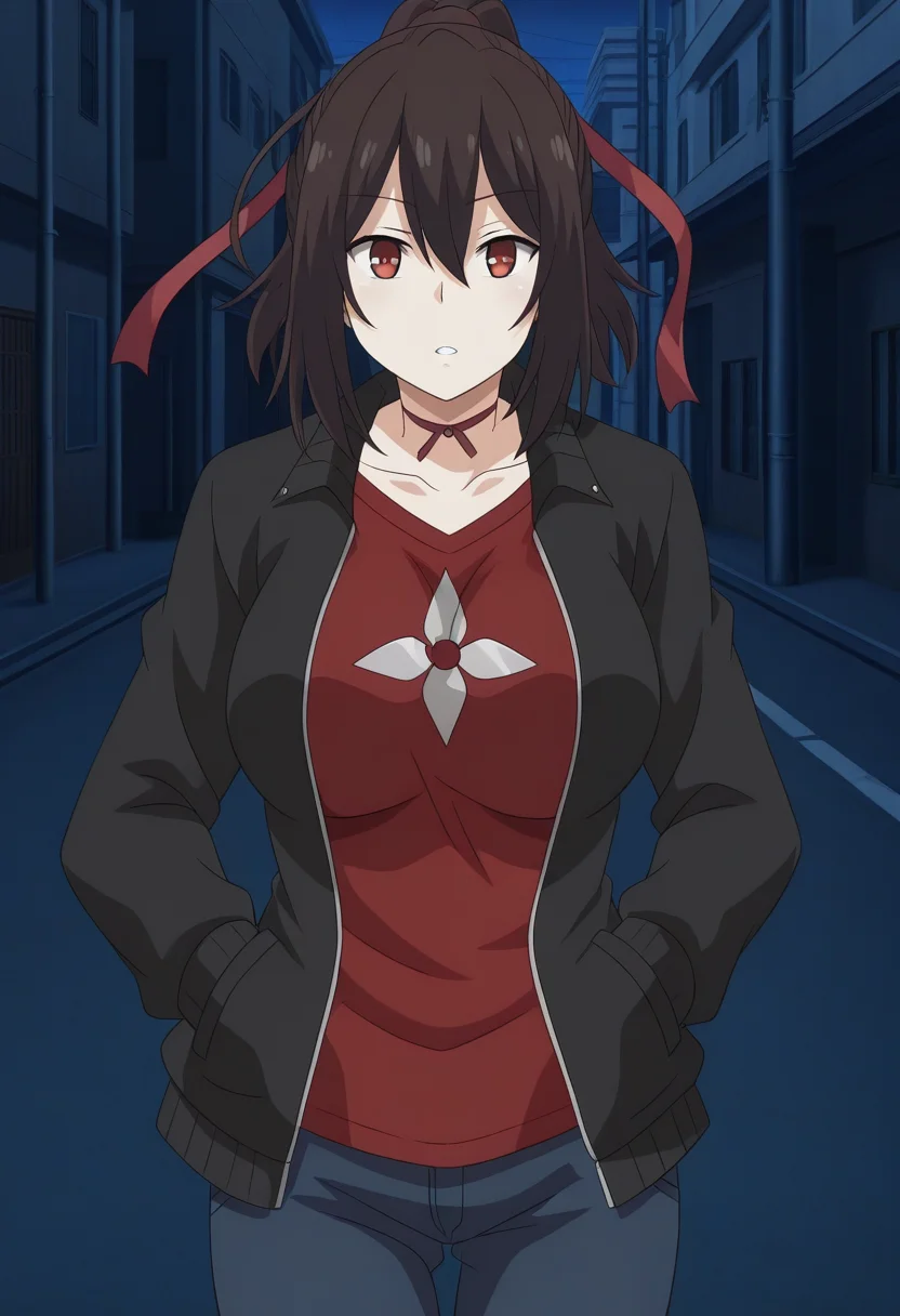 1girl, solo, kunobotananm, brown hair, hair ribbon, ponytail, red eyes, large breasts, black jacket, open jacket, long sleeves, red shirt, shuriken shirt print, denim pants, modern clothing, outdoors, city, streets, walking, cowboy shot, parted lips, straight on, looking at viewer, hands on pockets,