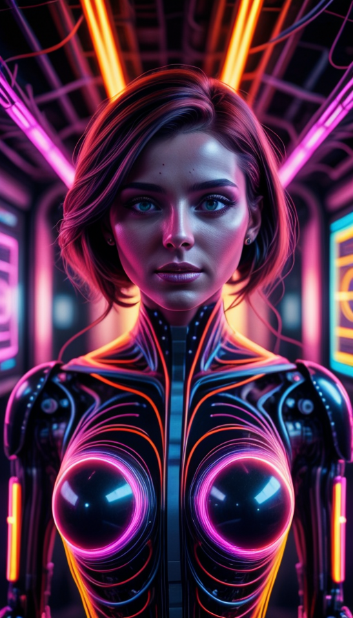 colorful chaos, vivid colors, striking visual design, <lora:add_detail:0.75>, <lora:sharpen-soften:-0.2>, <lora:stylesqueeze_v2:0.25>, <lora:realistic:0.25>,
1 girl, adult  woman, stunning, hazel eyes, auburn half-up half-down hairstyle, portrait, solo, upper body, looking at viewer, detailed background, detailed face, (<lora:1970RetroFuturism:0.6>, 1970retrofuturism, 1970s theme:1.1), android, cyborg, mechanical limbs, mechanical eyes, wires,  advanced technology, dynamic pose, emotionless,  artificial intellgience, steel, digital implants, nanobots, electronics, gadgets, powered by electricity, holograms, particle effects, bright  lights, neon colors, cables in background, cinematic atmosphere, <lora:isobug:0.75> <lora:speedy1p5:1.15>