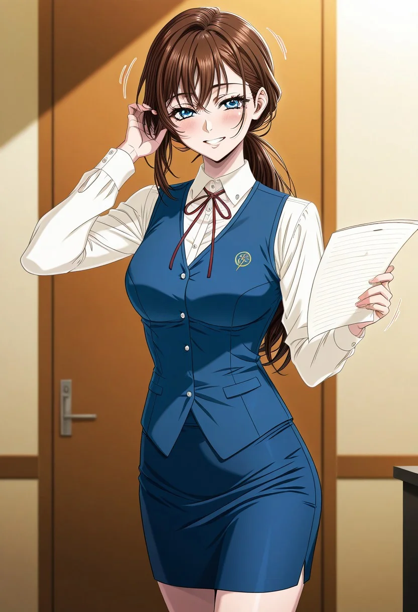 masterpiece, best quality, newest, highres, uncensored, 1girl, yokota mamoru style,1girl, slender face,motion lines,blush,torogao,looking at the viewer,seductive smile
Asai Sayaka,Brown Hair, Ponytail,Blue Eyes,Medium Breasts, Slim,long hair
1girl,solo
collared shirt, white shirt, long sleeves, blue vest, white buttons, pencil skirt, blue skirt, red ribbon, neck ribbon, medium breasts, looking at viewer, holding paper, paper, smile, teeth, looking at viewer, <lora:tucking-hair-ponyxl-lora-nochekaiser:0.5>, tucking hair, adjusting hair, hand on own hair, hair behind ear,, cowboy shot,