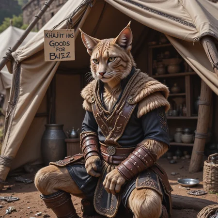 A cat man merchant wearing medieval fantasy clothing, Cat man has feline eyes and beautifully stripped fur, sitting in front of a cloth and fur tent outside of a large fantasy city wall, in the tent are goods for sale, rare and unusual items for sale, ((Hanging from the tent is a sign saying  "khajiit has Goods for Buzz":1.3)), high resolution, highly detailed, photorealistic, cinematic/ detailed digital hyper realistic intricate details, HDR, beautifully shot, hyper realistic, sharp focus, 64 megapixels, perfect composition, high contrast, cinematic, atmospheric, moody