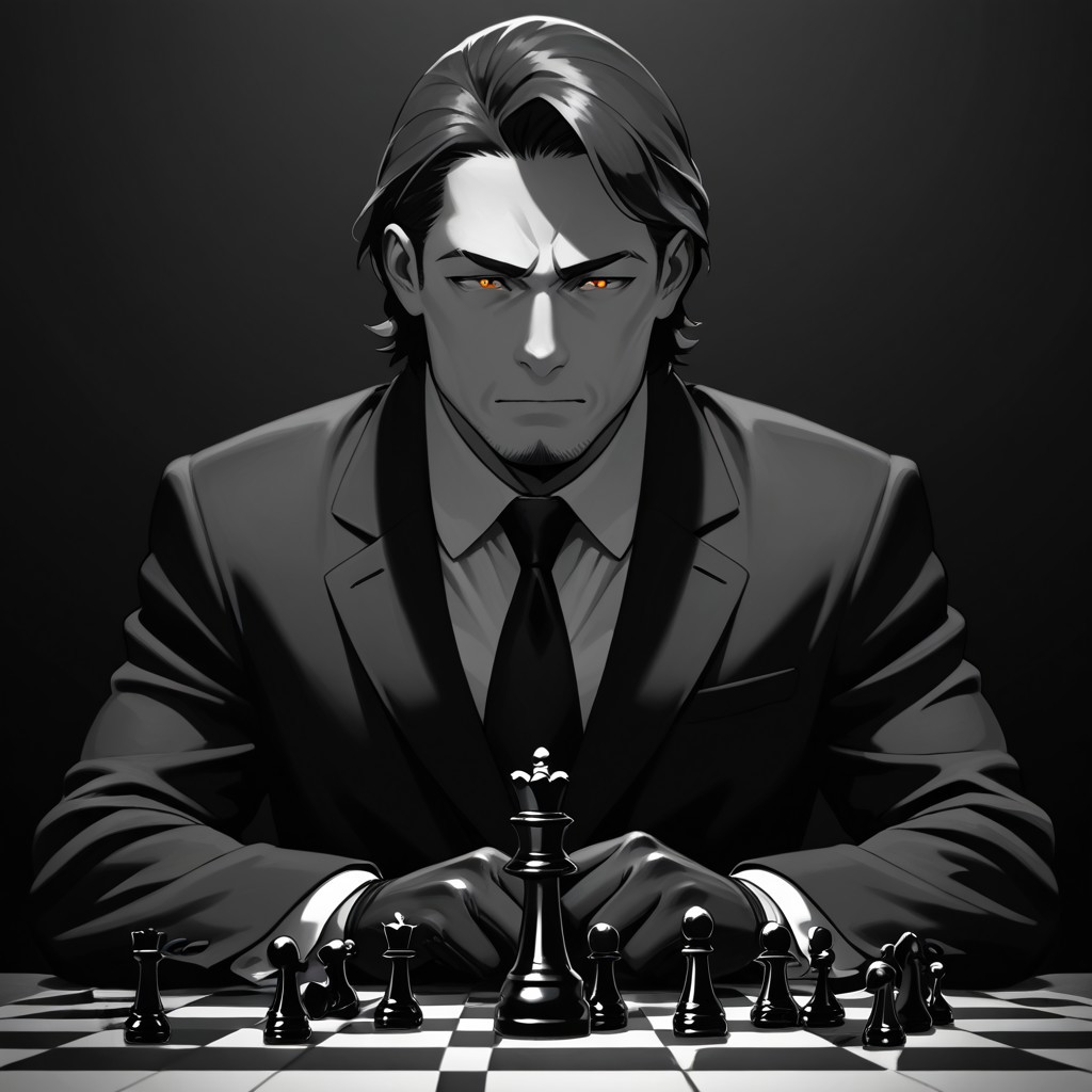 masterpiece, best quality, amazing quality, absurdres, newest, detailed background, definition so sharp, Ultra-HD, 8K cinematic, very awa, impressionate, amazing quality, highres, 
solo, male focus, manly, shadow, shiny skin,
shimonmakusu, shimon_brunette, shimon_orange eyes, 1boy, short hair, stubble, goatee, mature male, cold_expression, intense_gaze, mastermind, strategist, chess_board, gloves, suit, shadowed_face, calculating, observant, monochrome, sharp_focus, confident_pose, dark_academia