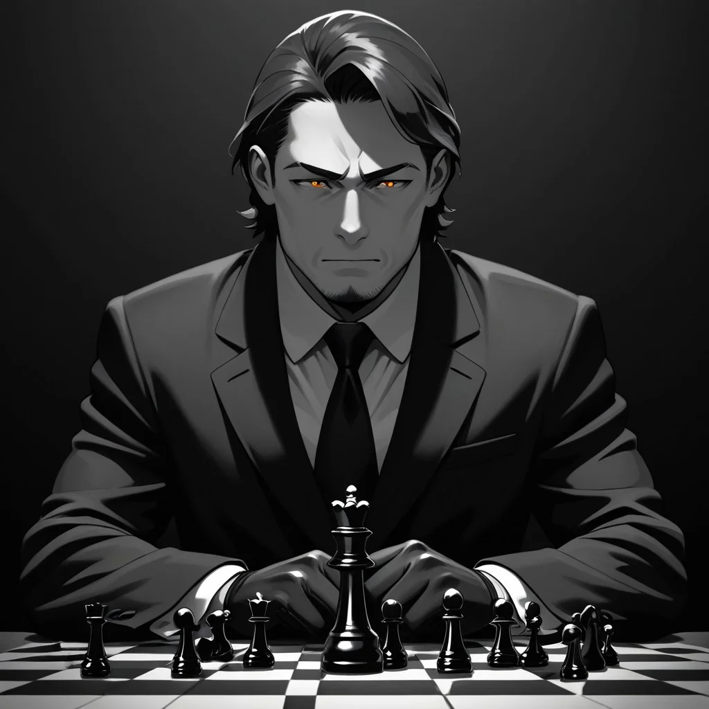 masterpiece, best quality, amazing quality, absurdres, newest, detailed background, definition so sharp, Ultra-HD, 8K cinematic, very awa, impressionate, amazing quality, highres,
solo, male focus, manly, shadow, shiny skin,
shimonmakusu, shimon_brunette, shimon_orange eyes, 1boy, short hair, stubble, goatee, mature male, cold_expression, intense_gaze, mastermind, strategist, chess_board, gloves, suit, shadowed_face, calculating, observant, monochrome, sharp_focus, confident_pose, dark_academia