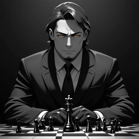 masterpiece, best quality, amazing quality, absurdres, newest, detailed background, definition so sharp, Ultra-HD, 8K cinematic, very awa, impressionate, amazing quality, highres,
solo, male focus, manly, shadow, shiny skin,
shimonmakusu, shimon_brunette, shimon_orange eyes, 1boy, short hair, stubble, goatee, mature male, cold_expression, intense_gaze, mastermind, strategist, chess_board, gloves, suit, shadowed_face, calculating, observant, monochrome, sharp_focus, confident_pose, dark_academia