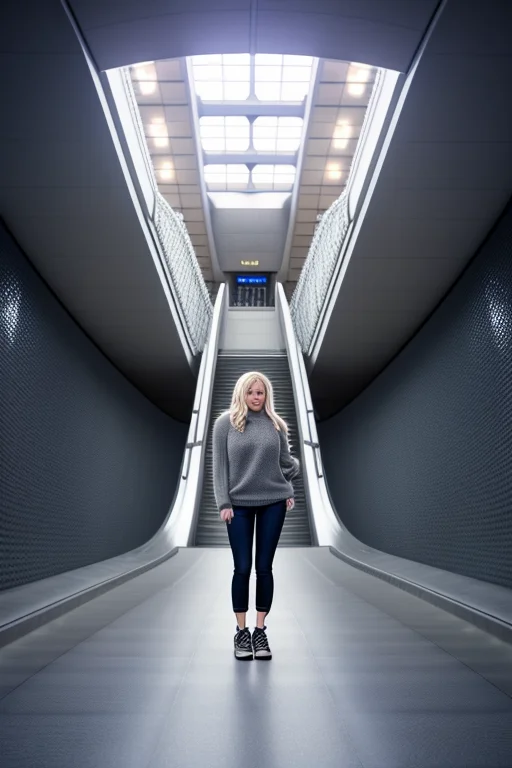 coop-himmelblau subway stairs, long shot, distant view, nobody, with pants and a sweater and shoes