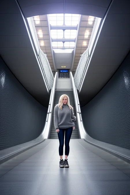 coop-himmelblau subway stairs, long shot, distant view, nobody, with pants and a sweater and shoes