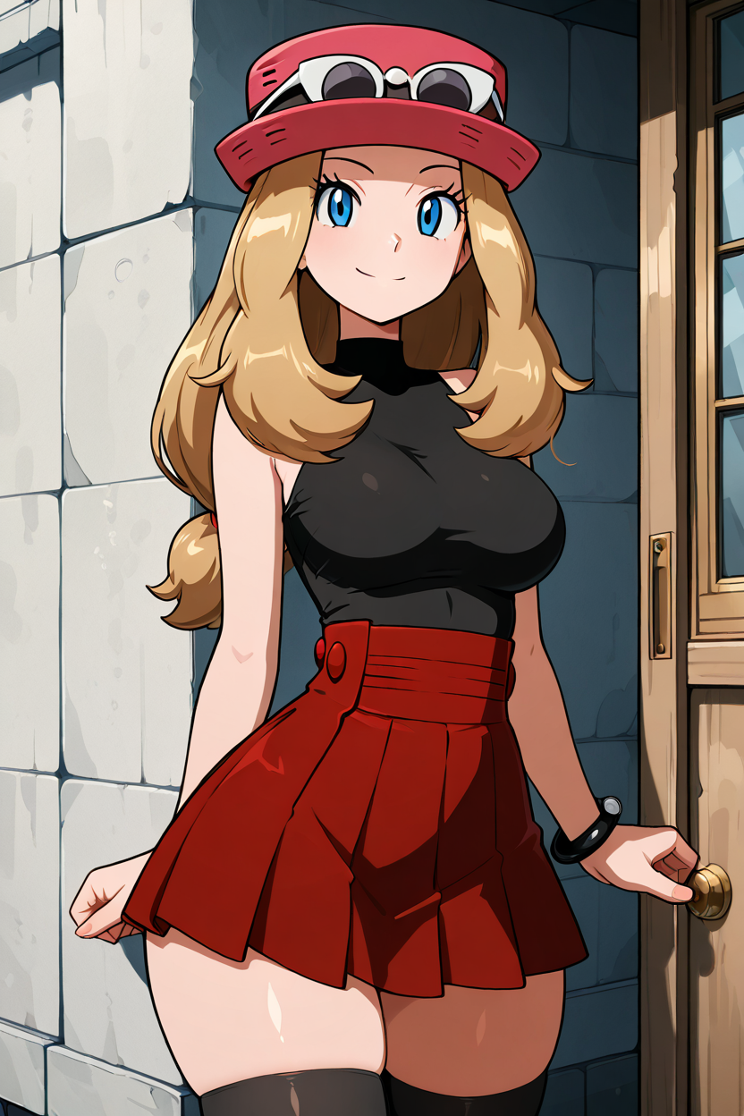 masterpiece, best quality, medium breasts, (curvy),  ,,, BREAK,  zzSerena, solo, long hair, blue eyes, eyewear on headwear, pink headwear, eyelashes, sleeveless shirt, black shirt, bracelet, high-waist skirt, red skirt, black thighhighs,<lora:SerenaPokemonIXL_v2:1.0>,BREAK,  smile, looking at viewer, cowboy shot,  <lora:QuickCuteIXL:1.0>, ,